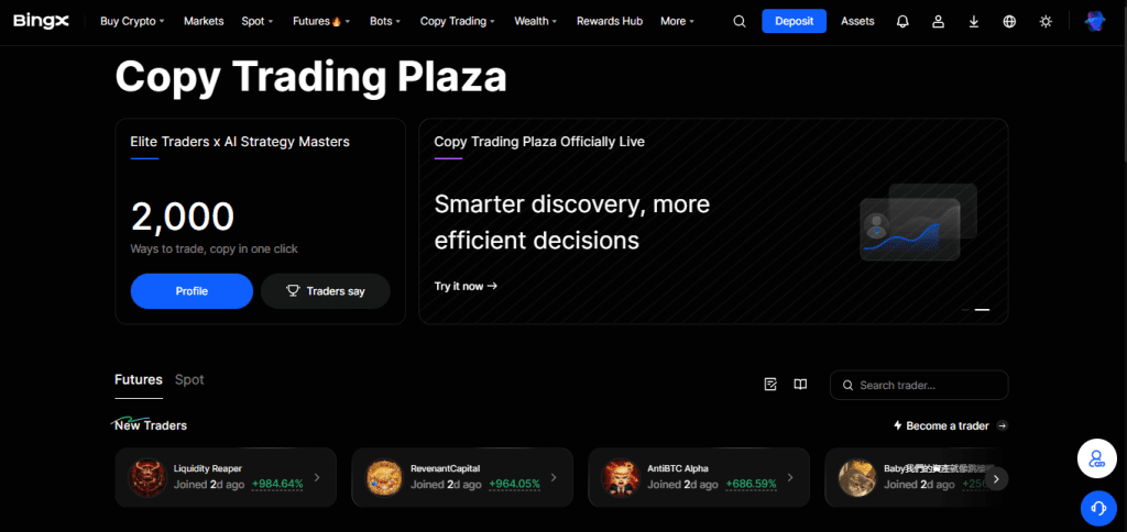 Copy Trading feature on BingX allowing users to follow and replicate trades of experienced traders.
