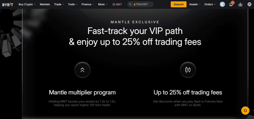 Bybit platform interface showing discounts and VIP level benefits for traders