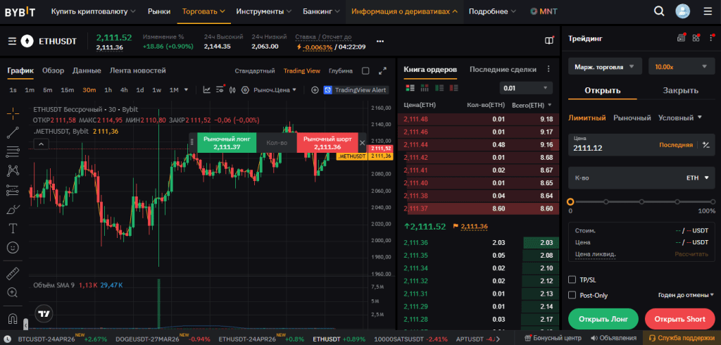 Торговый терминал фьючерсной торговли на бирже Bybit с графиками, ордерами и маржинальными инструментами