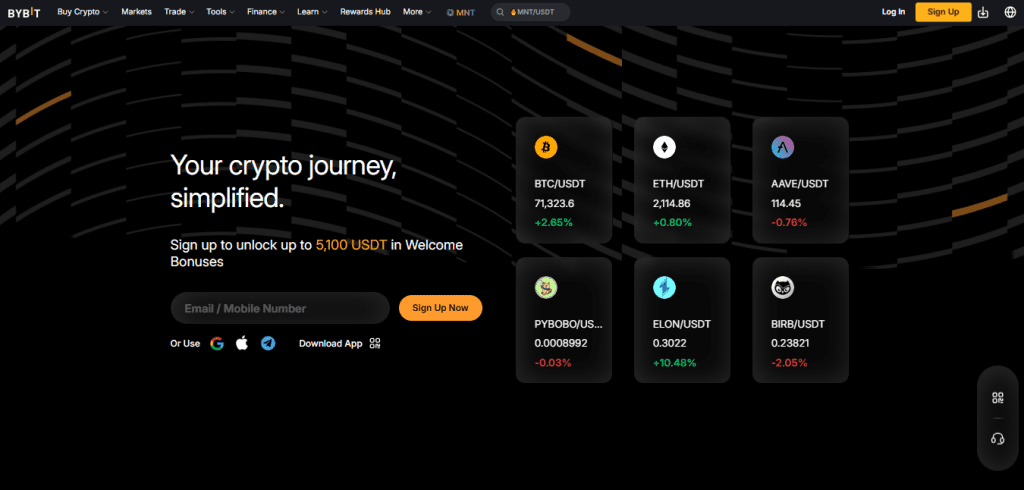 Bybit exchange dashboard showing trading pairs, market overview, and account summary