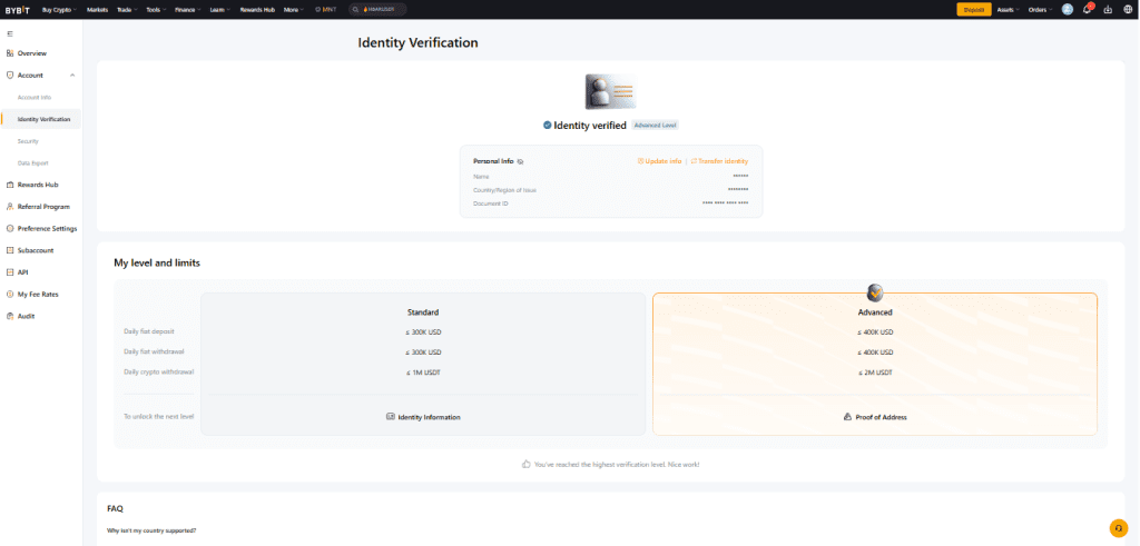 Bybit KYC verification process screen showing ID submission and account verification steps