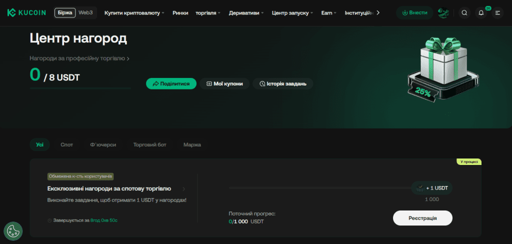 Бонуси та акції на KuCoin для трейдерів з додатковими винагородами та знижками.