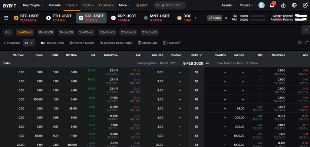 Bybit options trading interface showing available contracts and trading tools