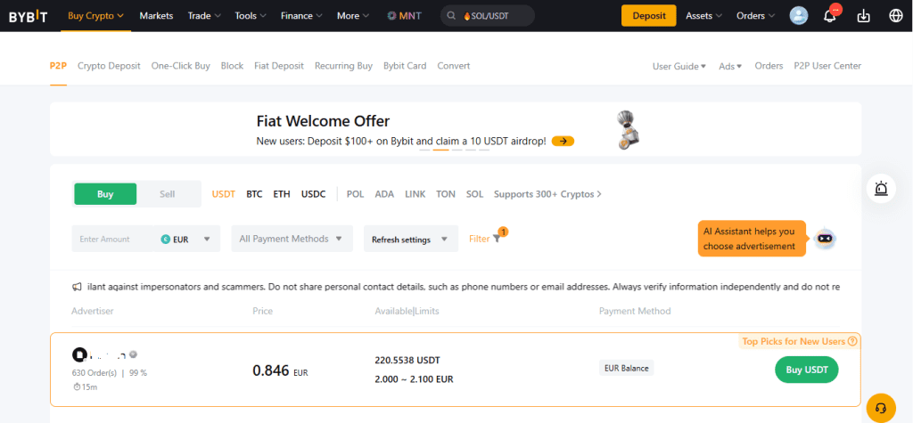 Bybit P2P trading interface for buying and selling cryptocurrency directly with other users