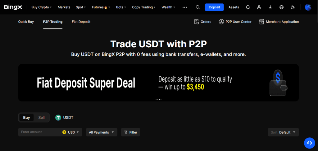 P2P trading platform on BingX for buying and selling crypto directly between users.