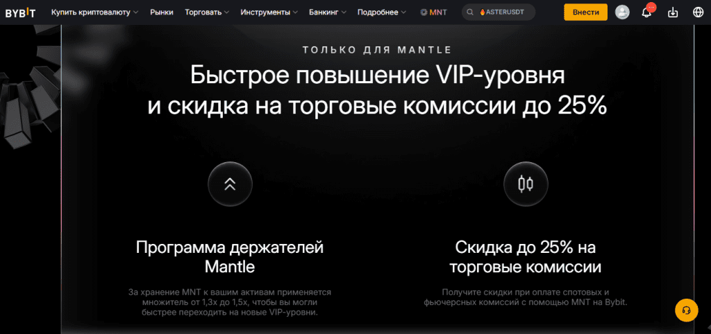 Интерфейс Bybit с информацией о VIP-уровнях и скидках на торговые комиссии для активных трейдеров