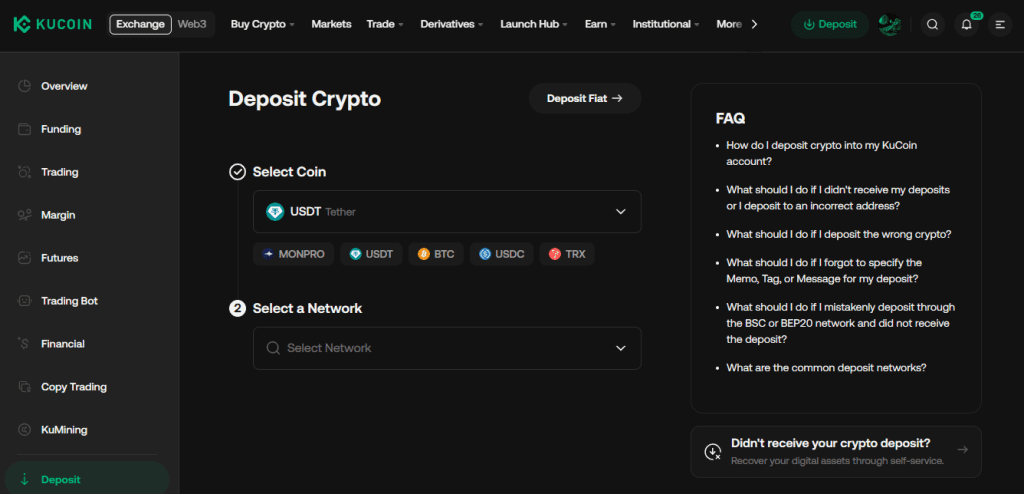 Various account funding methods on a crypto exchange, including bank transfer, credit card, and digital wallets