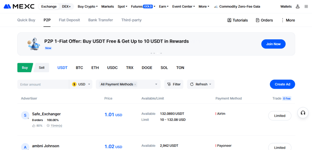 P2P trading on MEXC