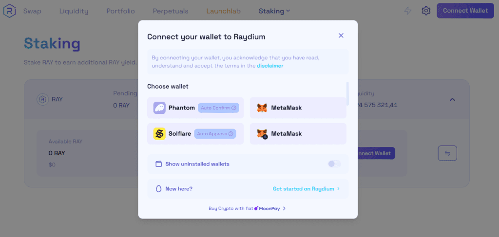Raydium wallet connection interface — fast and secure connection of Phantom, Solflare, and Backpack